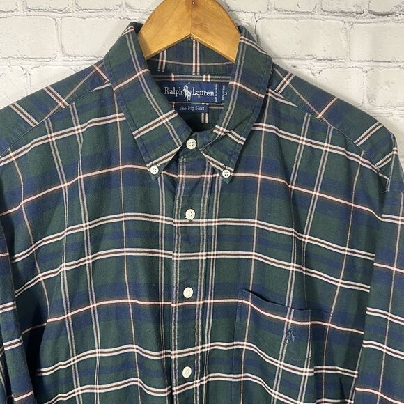 Ralph Lauren The Big Shirt Mens XL Green Plaid Cotton Long Sleeve Blue Pony - Picture 2 of 6